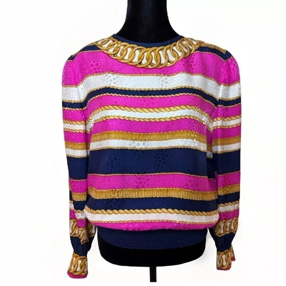 Vintage Adrianna Papell 100% Silk Top Sz 10 Rope Chain Pattern Designer Blouse - Picture 1 of 9